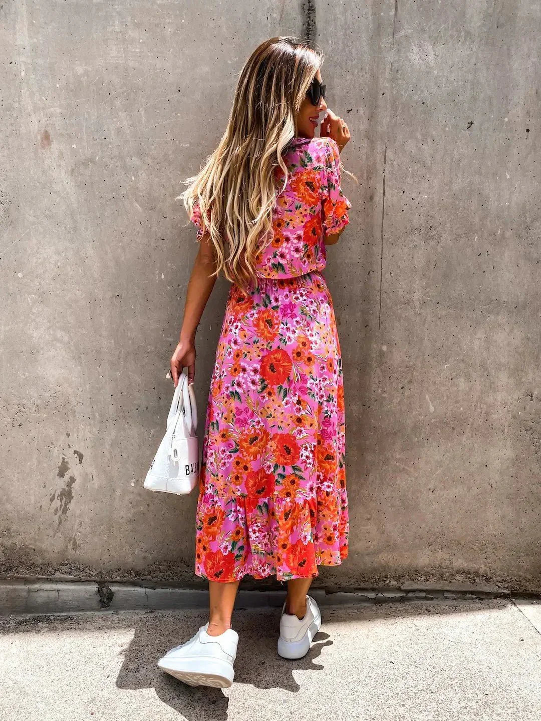 Women's Floral Maxi Dress with V-Neck and Button Front