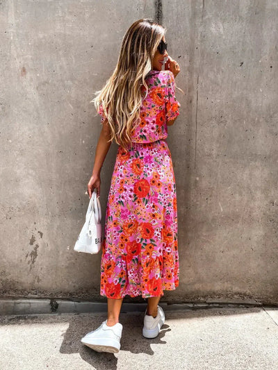 Women's Floral Maxi Dress with V-Neck and Button Front
