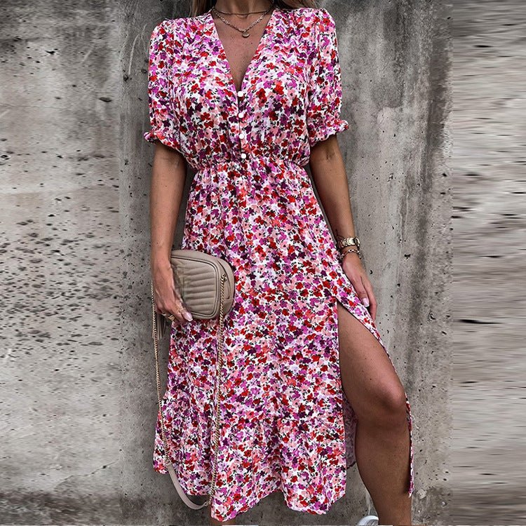 Women's Floral Maxi Dress with V-Neck and Button Front