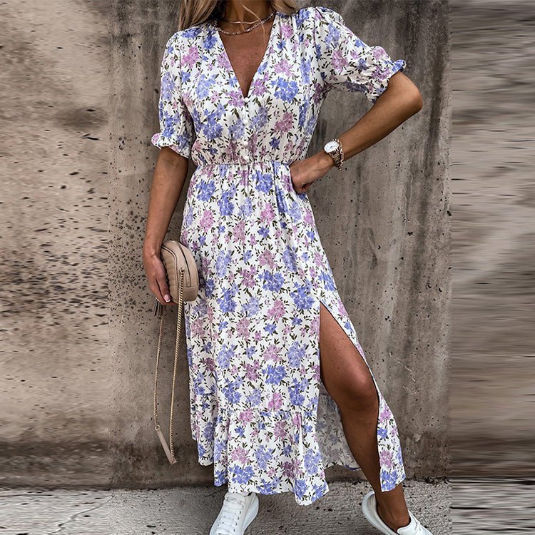 Women's Floral Maxi Dress with V-Neck and Button Front