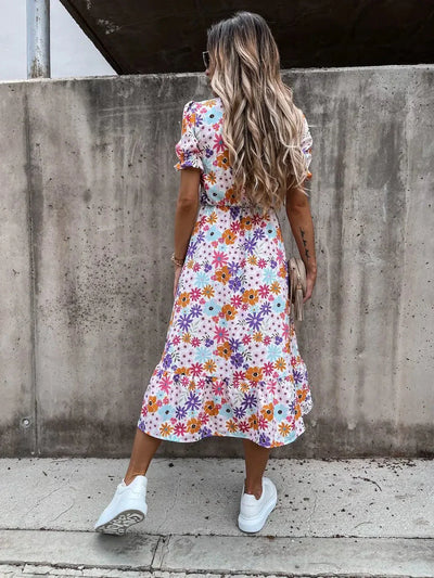 Women's Floral Maxi Dress with V-Neck and Button Front