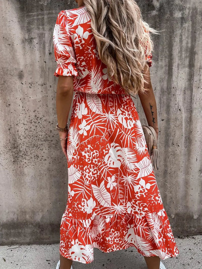 Women's Floral Maxi Dress with V-Neck and Button Front