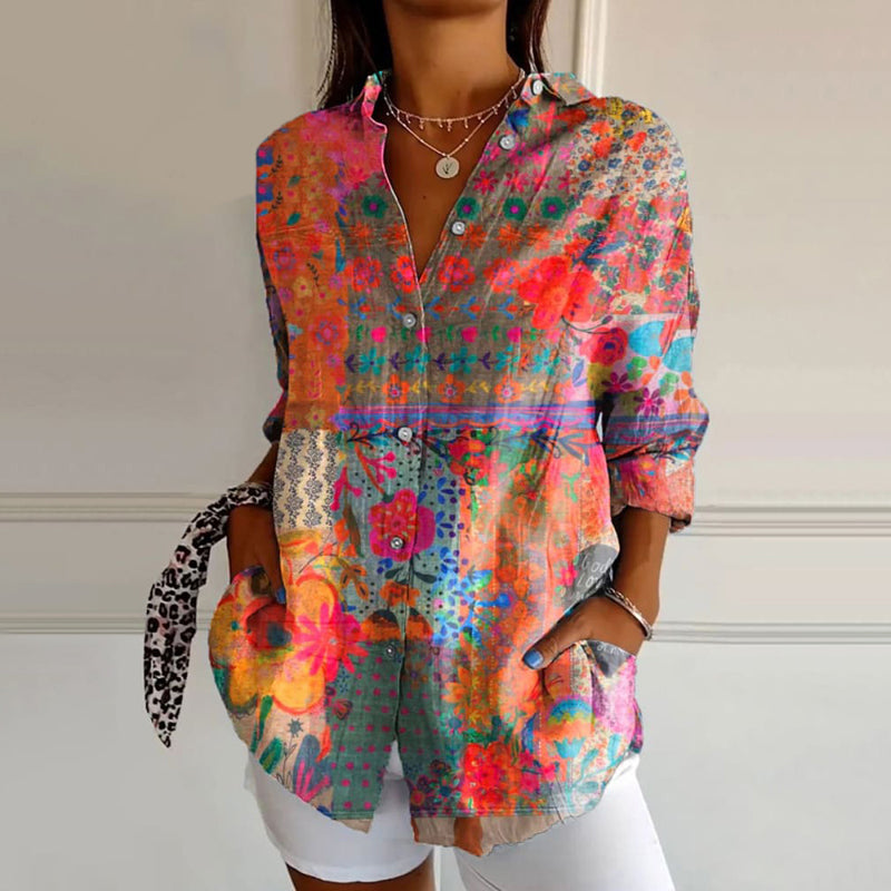 Women's Floral Print Button Down Shirt Long Sleeve Collar Blouse