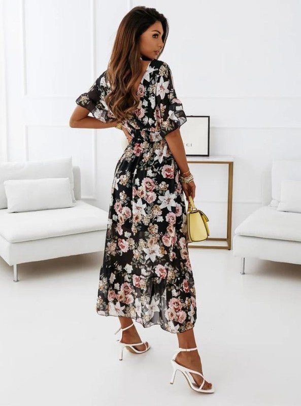 Women's Floral Print Midi Dress with V-Neck and Short Puff Sleeves