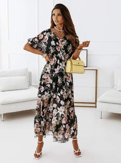 Women's Floral Print Midi Dress with V-Neck and Short Puff Sleeves