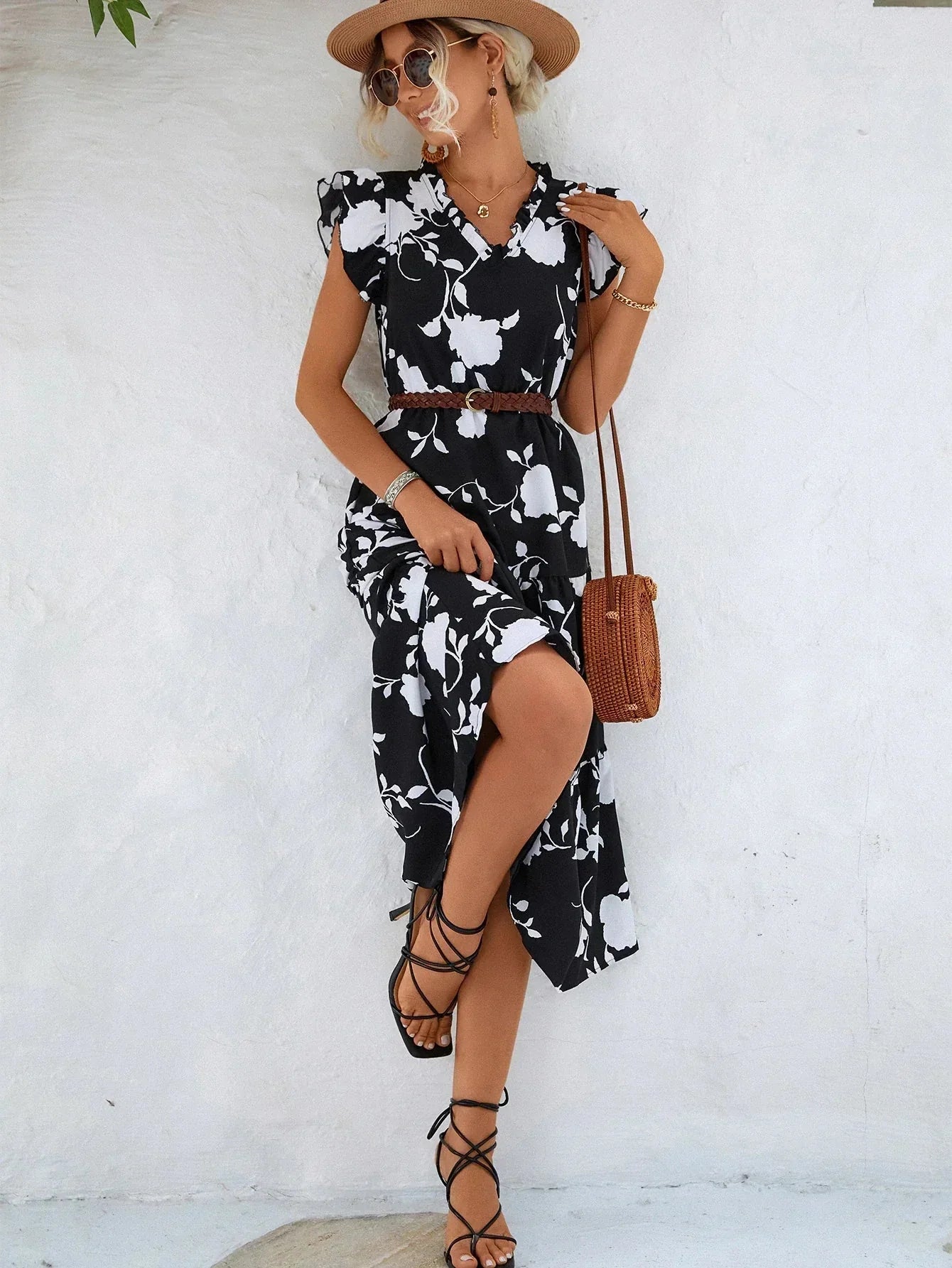 Women's Floral Print Midi Dress with V-Neckline