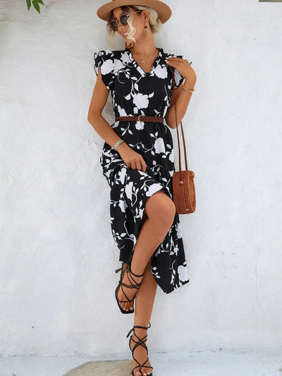 Women's Floral Print Midi Dress with V-Neckline