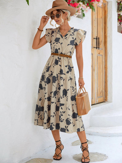 Women's Floral Print Midi Dress with V-Neckline