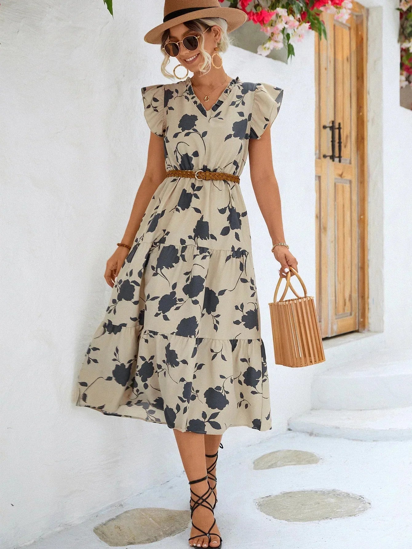 Women's Floral Print Midi Dress with V-Neckline
