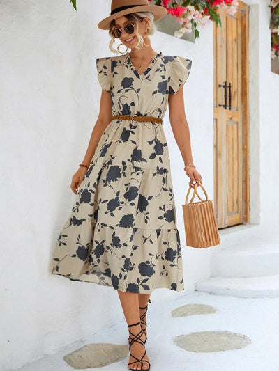 Women's Floral Print Midi Dress with V-Neckline