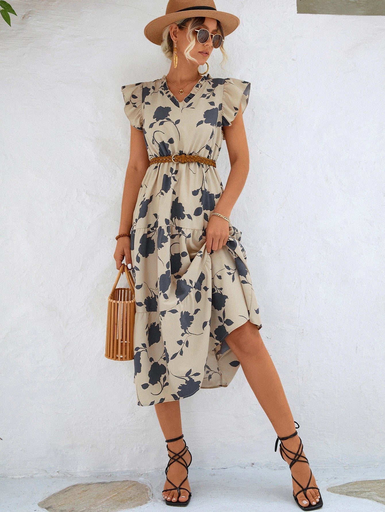 Women's Floral Print Midi Dress with V-Neckline