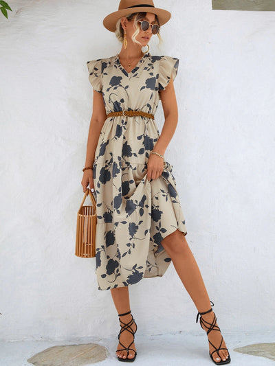 Women's Floral Print Midi Dress with V-Neckline