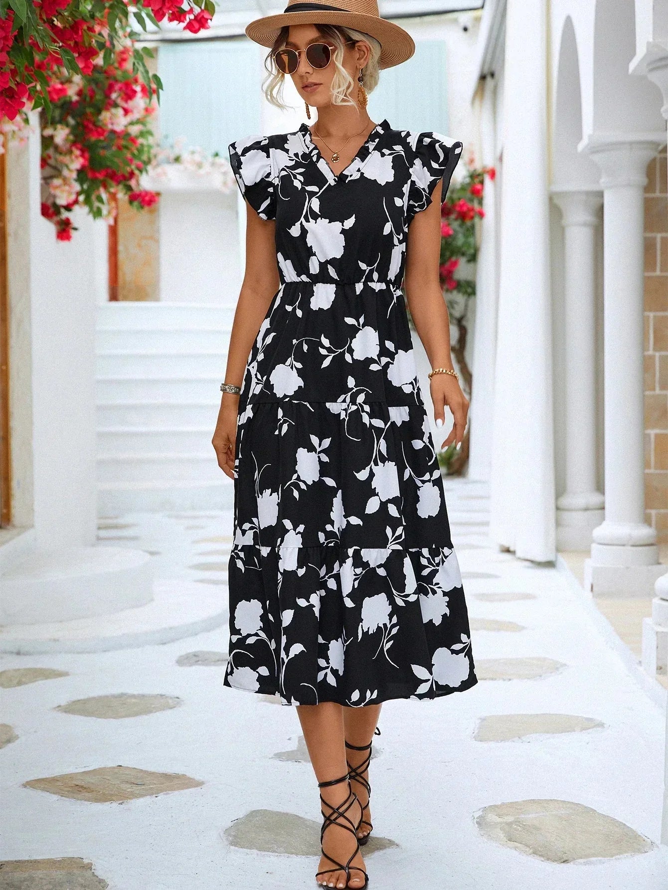 Women's Floral Print Midi Dress with V-Neckline