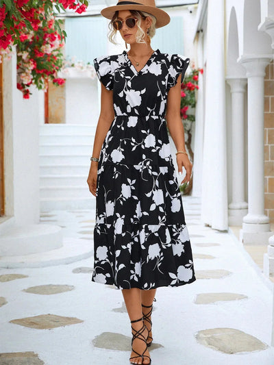 Women's Floral Print Midi Dress with V-Neckline