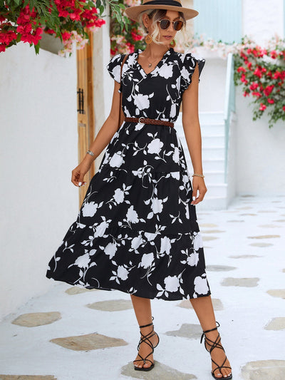 Women's Floral Print Midi Dress with V-Neckline