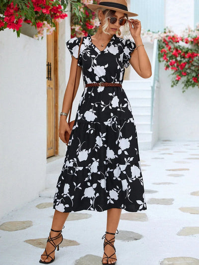 Women's Floral Print Midi Dress with V-Neckline