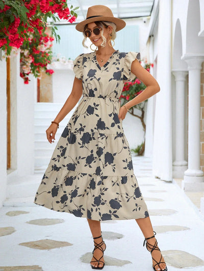 Women's Floral Print Midi Dress with V-Neckline