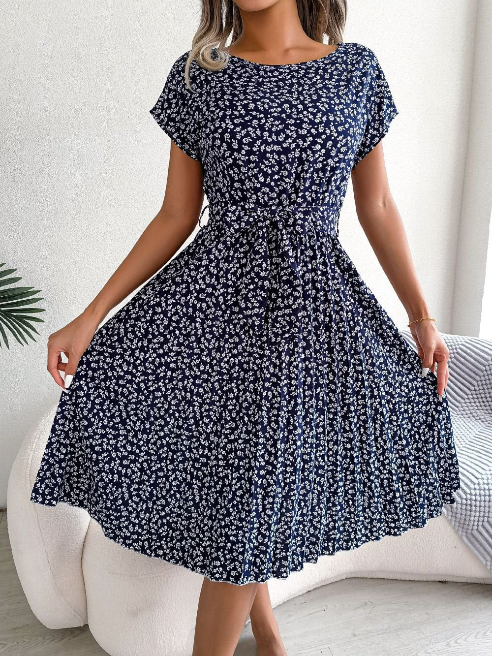 Women's Floral Print Pleated with Belt Midi Dress