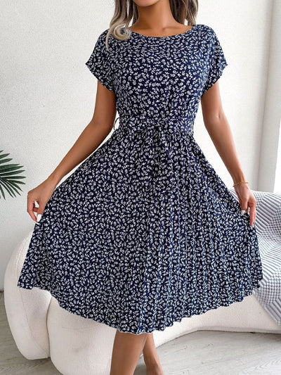 Women's Floral Print Pleated with Belt Midi Dress