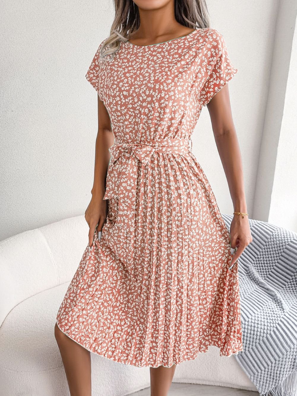 Women's Floral Print Pleated with Belt Midi Dress