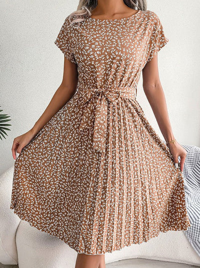Women's Floral Print Pleated with Belt Midi Dress