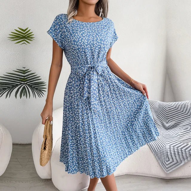 Women's Floral Print Pleated with Belt Midi Dress