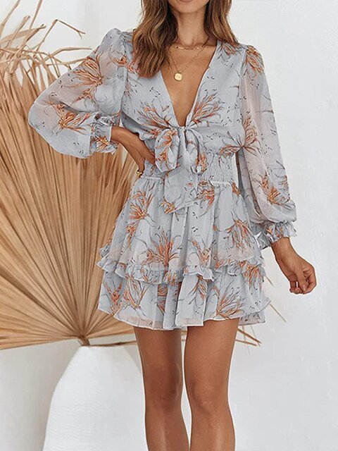 Women's Floral Print with Tie Front Mini Dress