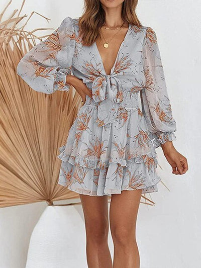 Women's Floral Print with Tie Front Mini Dress