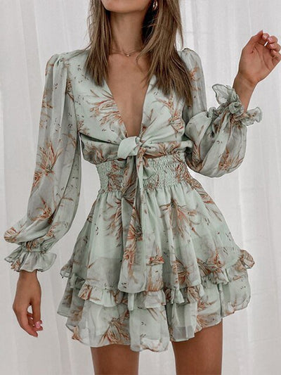 Women's Floral Print with Tie Front Mini Dress