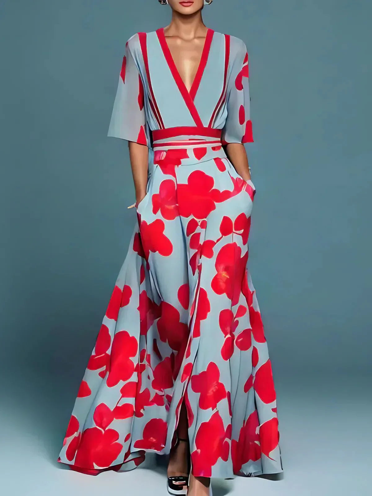 Women's Floral V-Neck Maxi Evening Wrap Dress