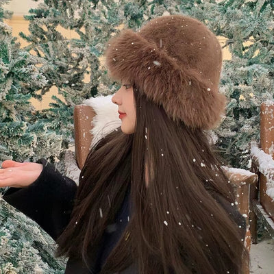 Women's Fur Bucket Winter Hat with Wide Brim