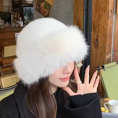 Women's Fur Bucket Winter Hat with Wide Brim