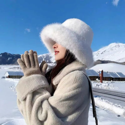 Women's Fur Bucket Winter Hat with Wide Brim