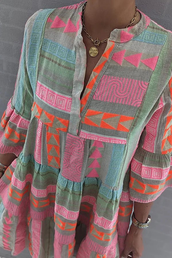 Women's Geometric Print Midi Dress with V-Neckline