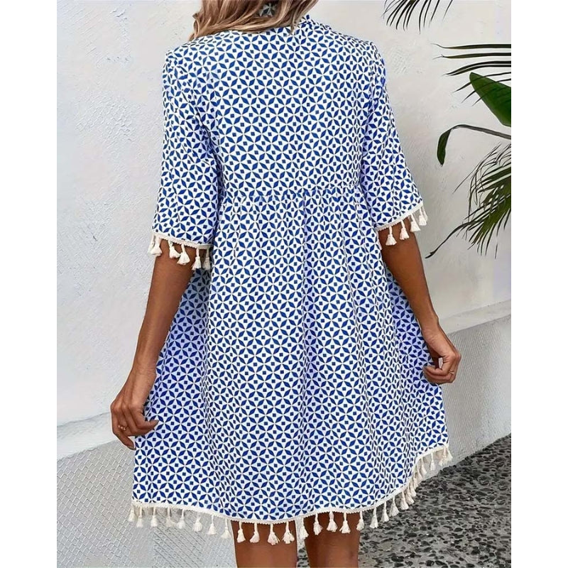 Women's Half-Sleeve Dress with Tassel Sleeve and Hem Trim