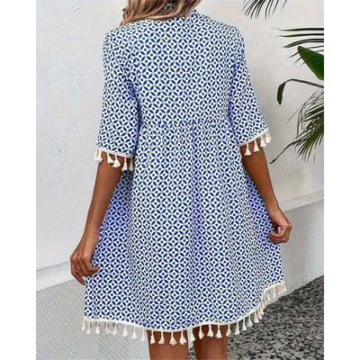 Women's Half-Sleeve Dress with Tassel Sleeve and Hem Trim
