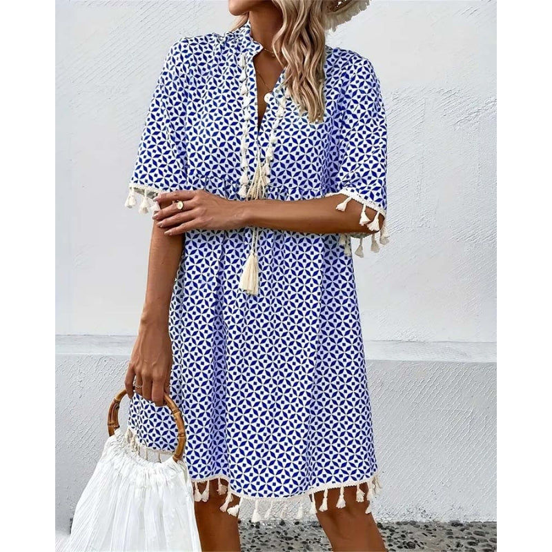 Women's Half-Sleeve Dress with Tassel Sleeve and Hem Trim
