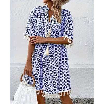 Women's Half-Sleeve Dress with Tassel Sleeve and Hem Trim