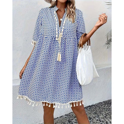 Women's Half-Sleeve Dress with Tassel Sleeve and Hem Trim