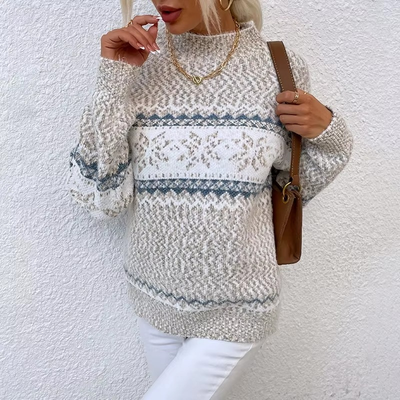 Women's High Neck Snowflake Print Knitted Sweater for Winter