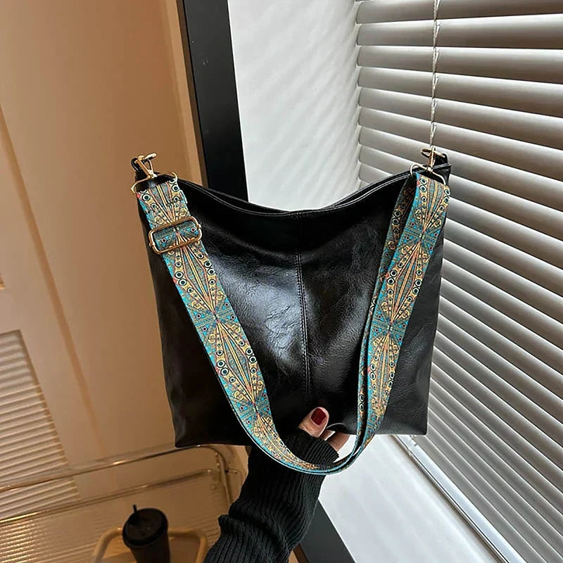 Women's Hobo Shoulder Bag with Embroidered Strap