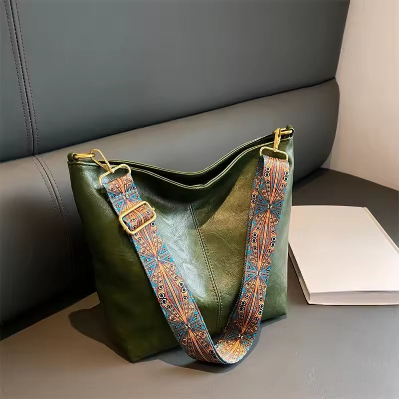 Women's Hobo Shoulder Bag with Embroidered Strap