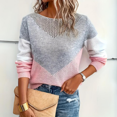 Women's Knitted Color Block Hollow Round Neck Sweater