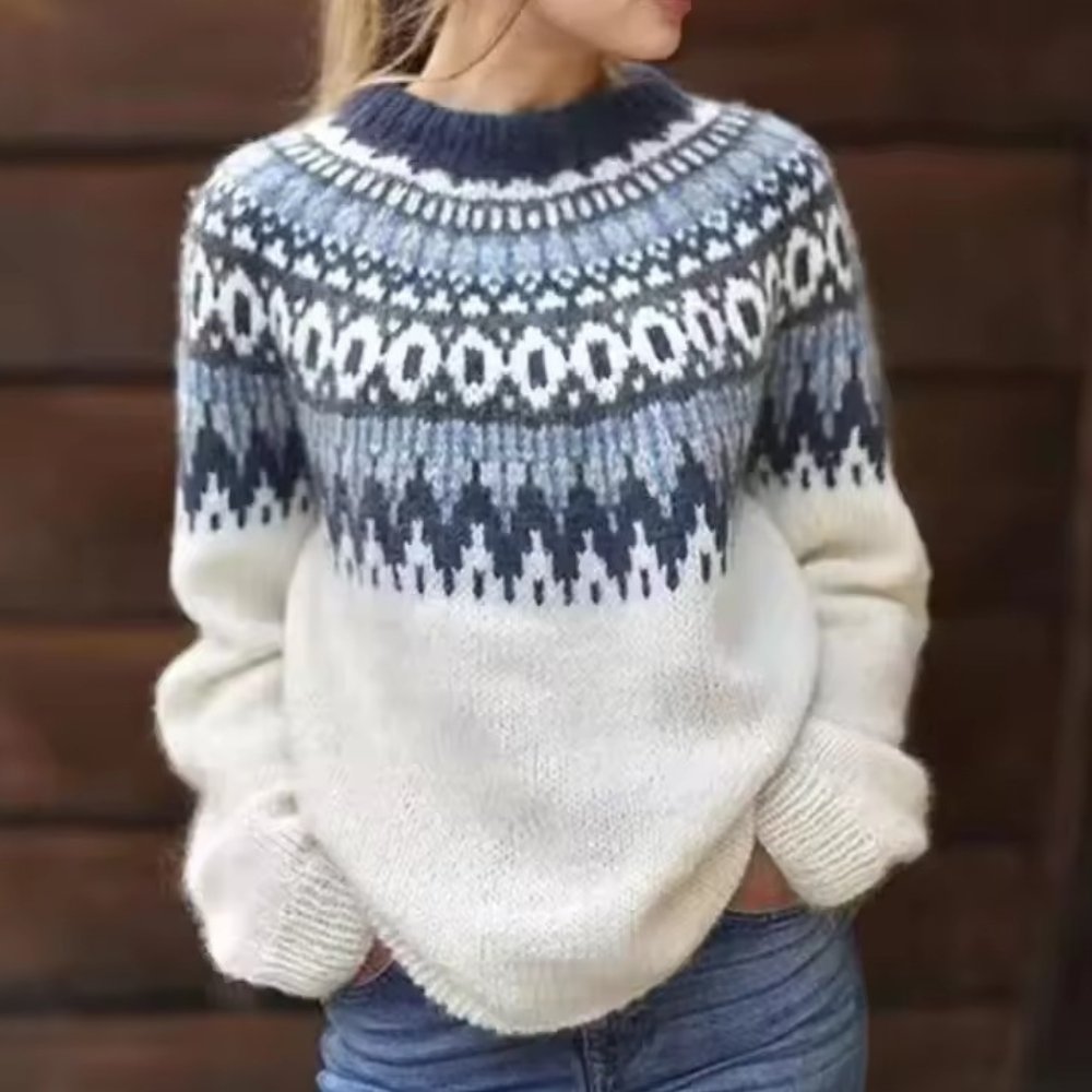 Women's Knitted Round Neck Jacquard Print Sweater