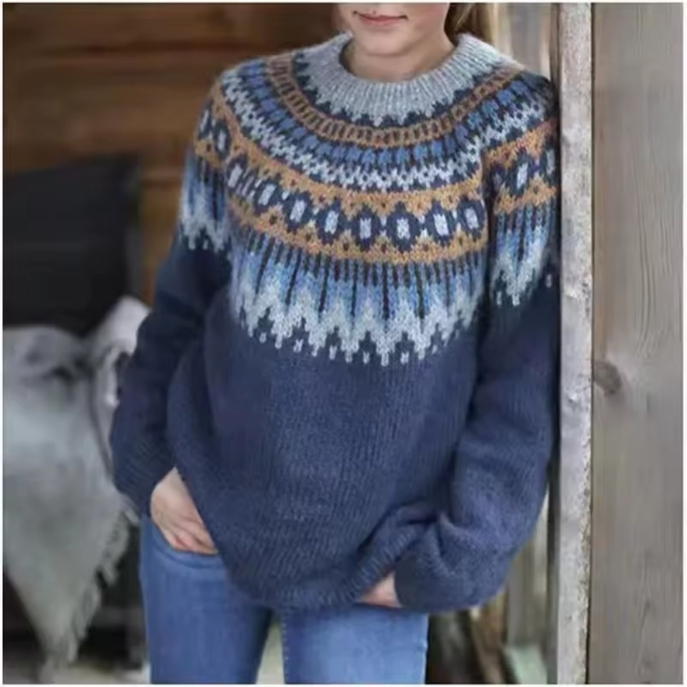 Women's Knitted Round Neck Jacquard Print Sweater