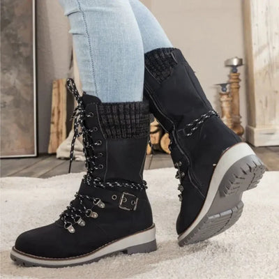 Women’s Lace-Up Winter Boots with Knit Cuff and Buckle Strap
