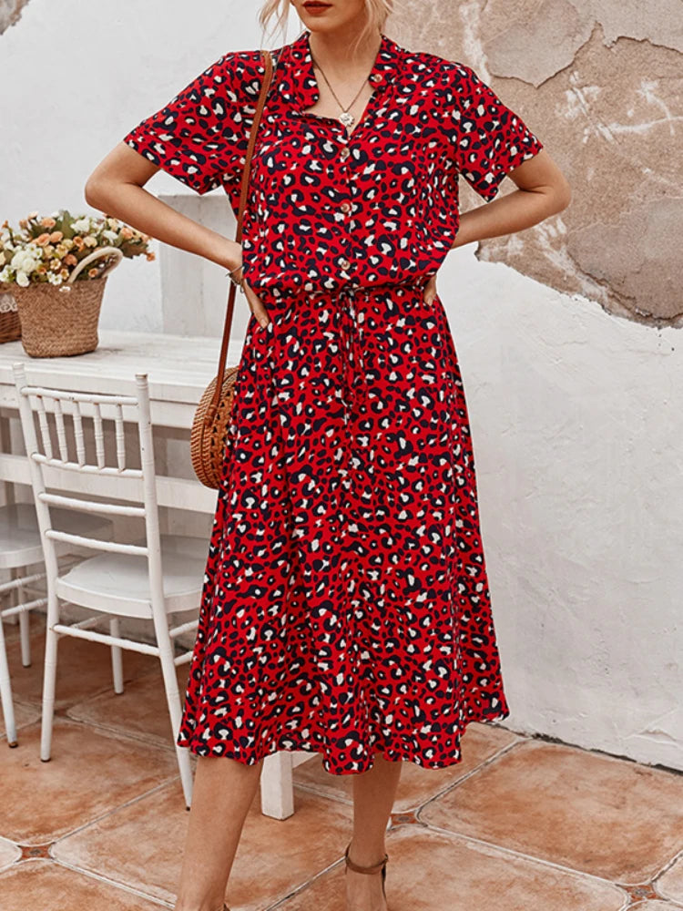 Womens Leopard Print Midi Dress with Belt