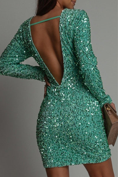 Women's Long Sleeve Glitter Sequin Mini Dress