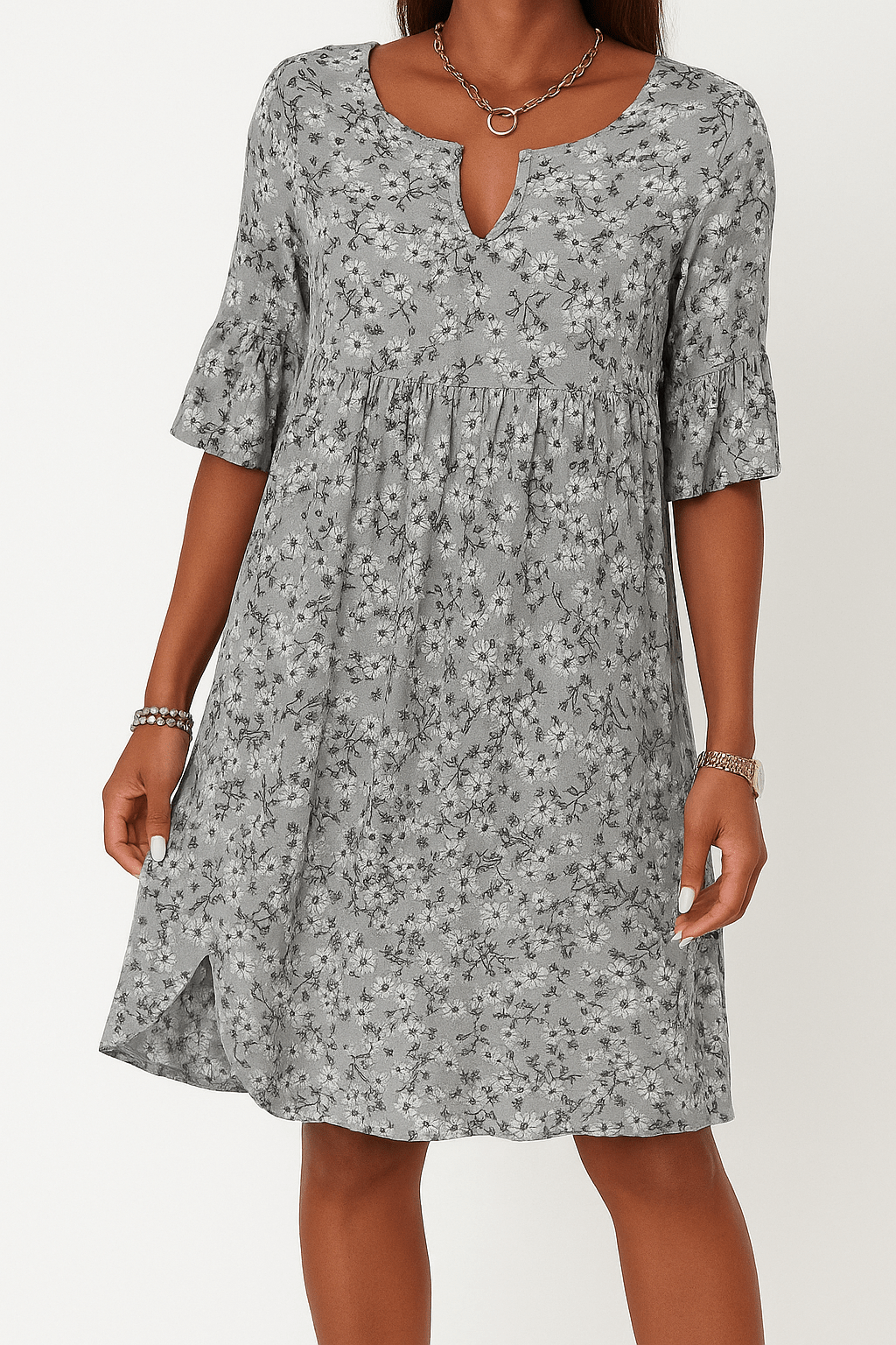 Women's Loose High Waist  V-neck Floral Dress