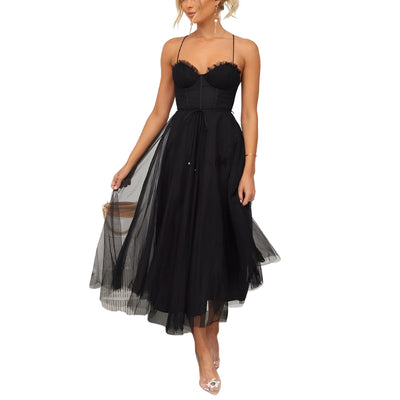 Women's Midi Dress with Layered Skirt and Tie Waist